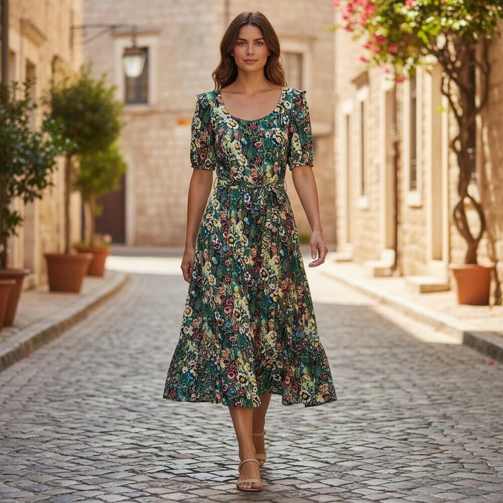 GHOST LONDON GEORGIA TIERED FLORAL DRESS, SIZE XXL